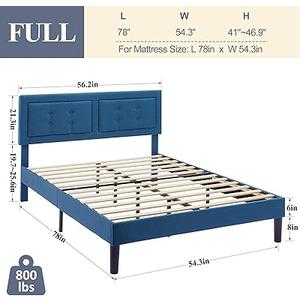 VECELO Full Size Bed Frame with Headboard, Upholstered Button Tufted Platform Bedframe with Wood Slats Support, No Box Spring Needed, Aegean Blue