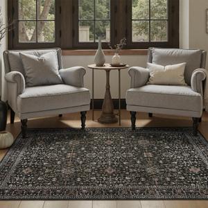 DCX Machine Washable Black Entryway Rug 3x5, Non Slip Stain Resistant Vintage Floral Rug for Kitchen Bathroom Front Door Throw Rugs Indoor, Soft Low Pile Small Rugs for Entry