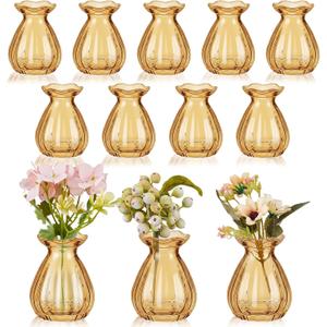 20 Pieces Glass Bud Vases for Centerpieces Bulk 3.5 Inch Mini Flower Bouquets Vases Small Cute Crystal Ribbed Glass Bud in Bulk for Wedding Baby Bridal Shower Table Party Home Decor (Amber)