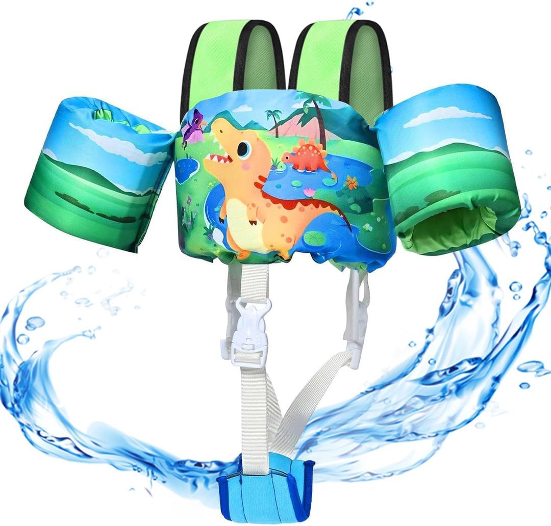 Toddler Swim Vest, Toddler Floaties for 22-66 lbs Boys & Girls, Kids Puddle Jumper Removable with Crotch Strap & Shoulder Harness Arm Wings for 1 2 3 4 5 6 7 Years Old Baby Children Sea Beach Pool (3 Green-Dinosaur)