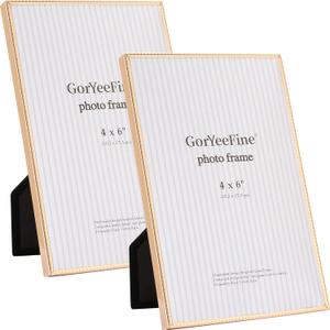 4x6 inch Gold Metal Picture Frames 2pack,Thin Edge Beading Minimalist Design Photo Frame 6x4'' with HD-Tempered Glass -Velvet Back,Tabletop & Wall Mount