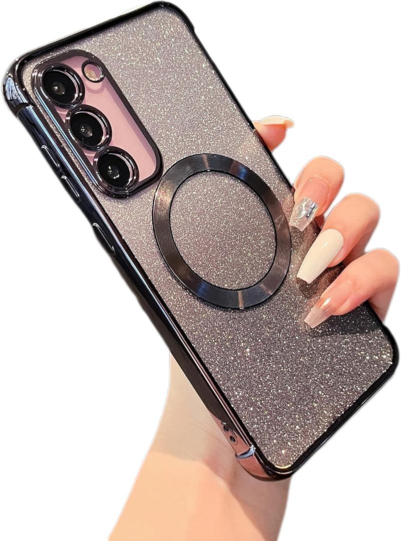 ZTOFERA Clear Magnetic Case for Samsung Galaxy S23 Plus 5G with Gradient Glitter Peice(2 in 1), Luxury Plating Cute Transparent Bling Sparke Case for Women Girls,Shockproof TPU Protector Cover-Black