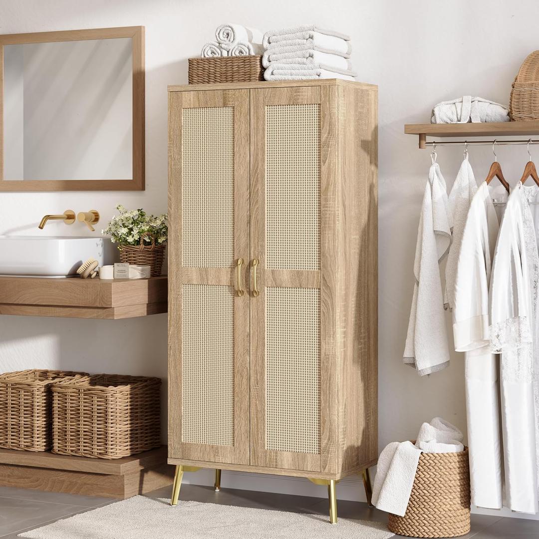 JASIWAY Tall Bathroom Storage Cabinet with Doors and Shelves, 57" Linen Floor Storage Cabinet for Laundry Entryway, Wood Freestanding Pantry with Metal Handle, Adjustable Shelves, Anti-Tipping Device, 57.5 inch