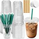 25 Sets 16 oz Clear Plastic Cups with Lids and Straws, Disposable Iced Coffee Cups for Cold Beverages, Smoothies, Bubble Tea, Includes Leak-Proof Paper and Stickers