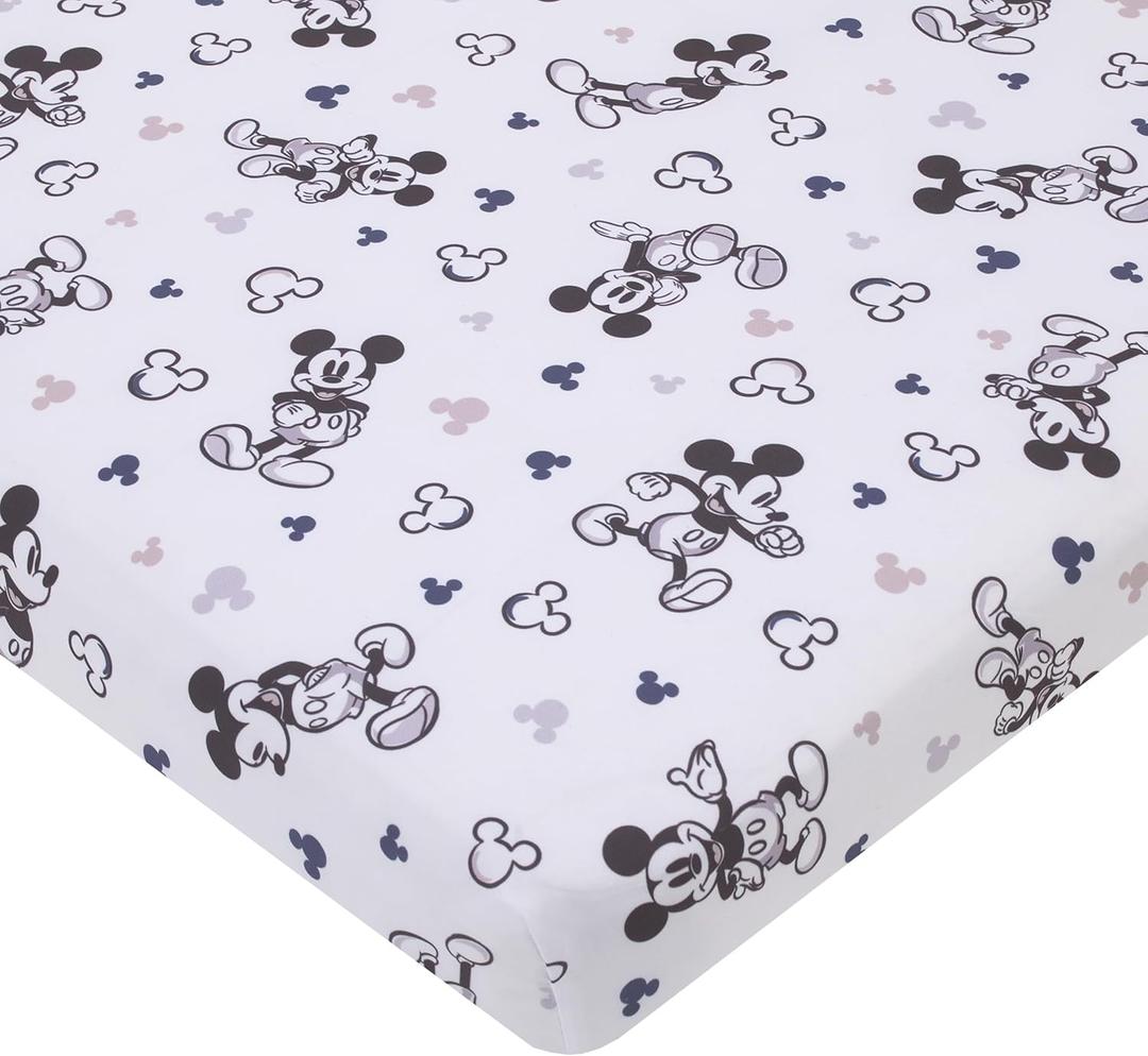 Disney Mickey Mouse Gray, Black, and White Super Soft Nursery Fitted Mini Crib Sheet