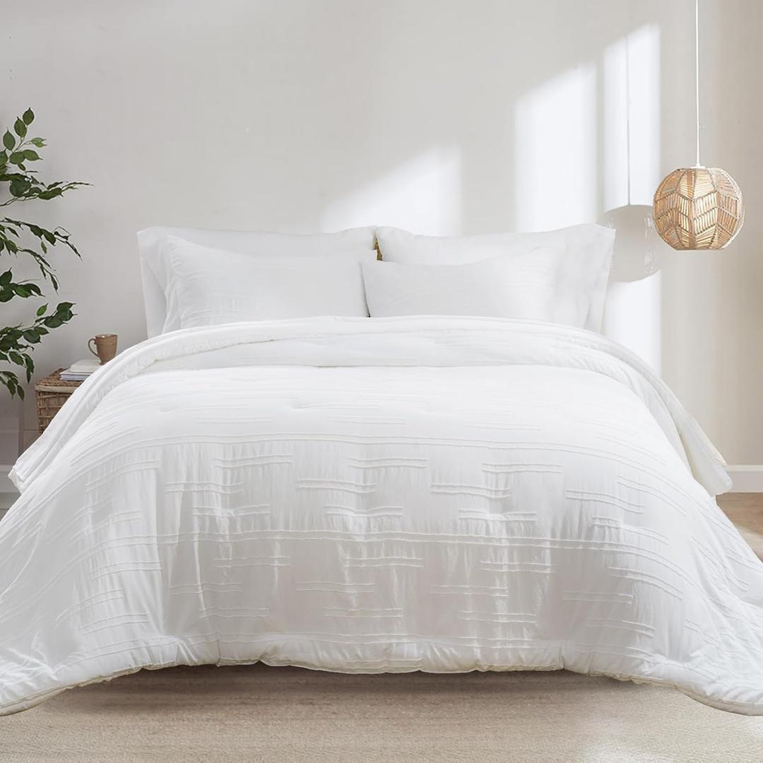 EverGrace Comforter Set King Size 7 Piece, Shabby Chic Tufted Comforter Set with Sheets, Lines Embroidery Bedding Set, All Season Soft Microfiber Complete Bed Set, White, 90"x104"