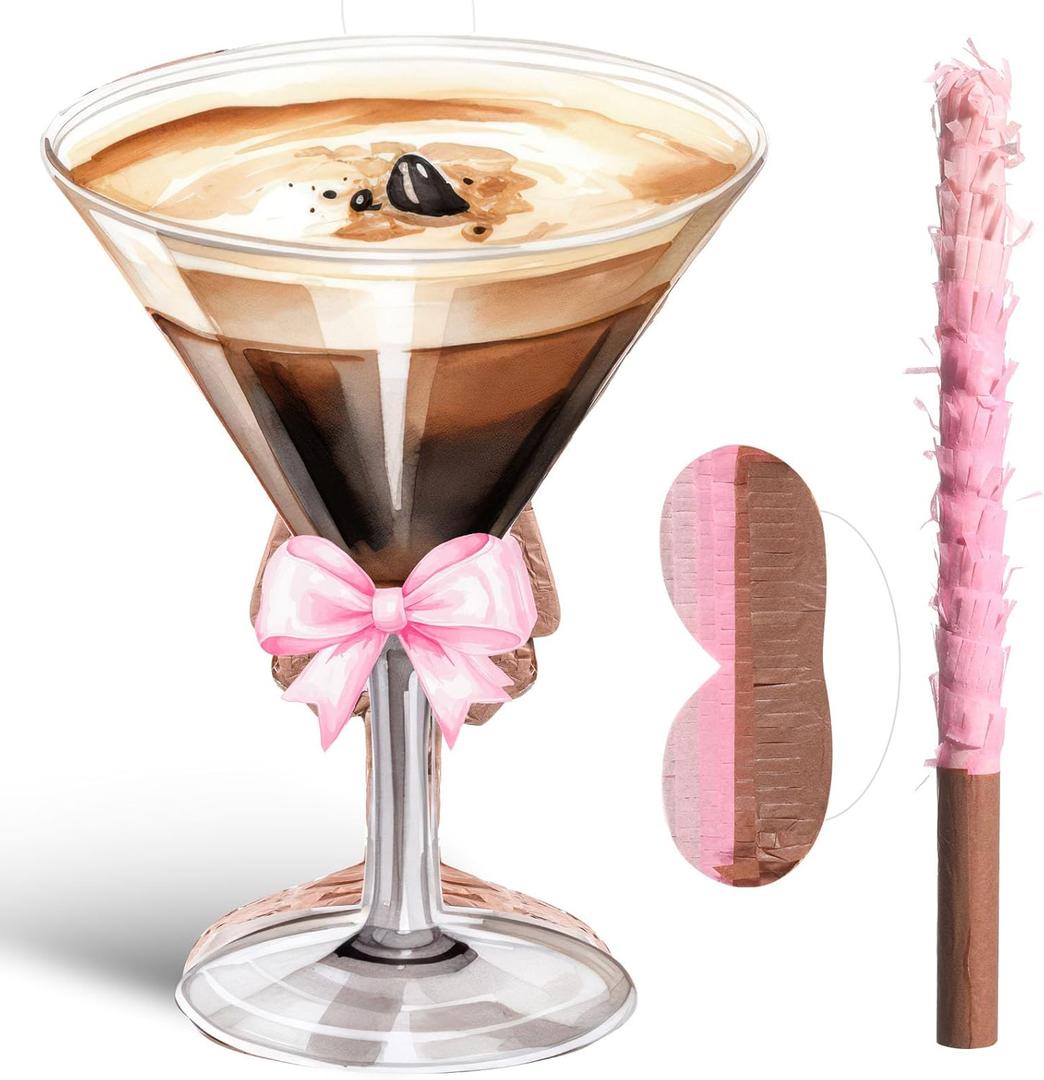 Gilprop Piata with Stick Blindfold A Tini Bit Older Party Decoration Martini Pink Bow Adult Piata Coffee Cocktail Glasses for Women Birthday Bridal Shower Bar Supplies