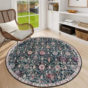 Lahome Moroccan Trellis Washable Round Rugs, Non-Slip Soft Round Rug 4ft Ultra-Thin, Small Vintage Circle Carpet for Entryway Kitchen Bedroom Nursery Bathroom Elise, Black/Multi