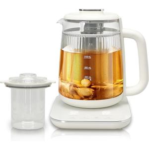 Double-Layer Electric Kettle1.5L with Stew Pot,Glass Health Pot, 9-in-1 Glass Tea Maker, Programmable Touch Panel, Stainless Steel Base for Soup, Porridge, Herbal Tea