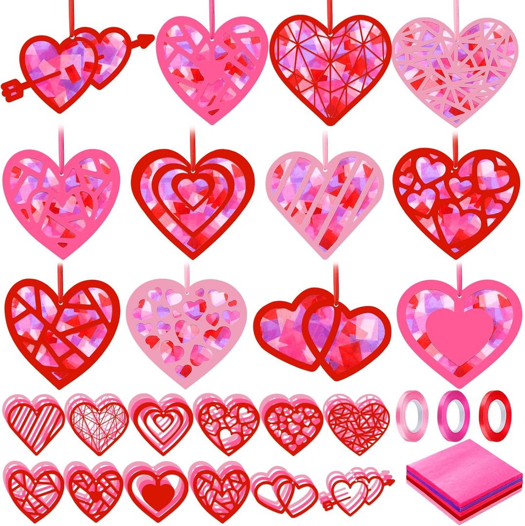 Marsui 36 Sets Valentine's Day Kits Craft for Adults Valentines Heart Suncatcher Craft Pink Heart Shape Home Window Art Decor Stained Glass Effect DIY Tissue Paper for Party Ornaments