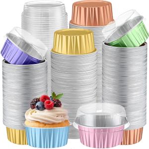Gejoy 400 Pcs Aluminum Foil Baking Cups with Lids 5 oz Disposable Ramekins Mini Cake Pans Creme Brulee Cupcake Liners Muffin Tins Flan Mold Dessert Container for Wedding (Light Color,Classic)