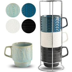 KOOV Ceramic Coffee Mug Set with Stand, 16 oz Coffee Mugs for Coffee, Tea, Cocoa, Stackable Ceramic Coffee Cup Set of 4, Large Mug Set of 4, Drinking Vessels for Women, Men (Blueset)