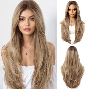Ombre Ashblonde wigs for Women Long Wig with Bangs Natural Straight Wigs Synthetic Hair Heat Resistant Wigs for Daily Party Cosplay Wear