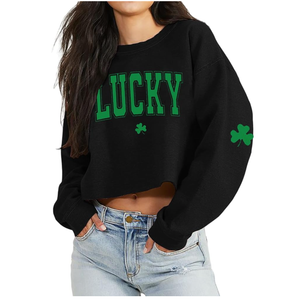 St Patrick's Day Crop Tops for Women Irish Shamrock Graphic Shirt Funny Lucky Clover Long Sleeve T-Shirt Tops, Small