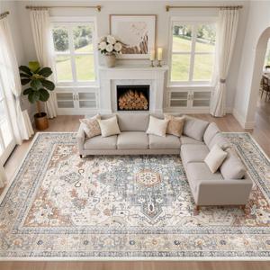 10x12 Area Rug Living Room: Washable Boho Large Neutral Vintage Soft Rugs Stain Resistant Distressed Farmhouse Non-Slip Indoor Floor Carpet for Bedroom Nursery Kids Office Dining Room- Beige Blue