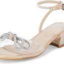 Coutgo Girls Rhinestone Sandals Low Chunky Heels Bow Open Toe Glitter Dress Shoes for Toddler Little Big Kid, Size: 2 Little Kid