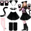 Haull 8 Pcs Halloween Kitten Cat Costume Accessories Girl Cat Ear Tail Gloves Bell Choker Necklace Tights Skirt Calf Sleeves (Medium, Black and Pink)