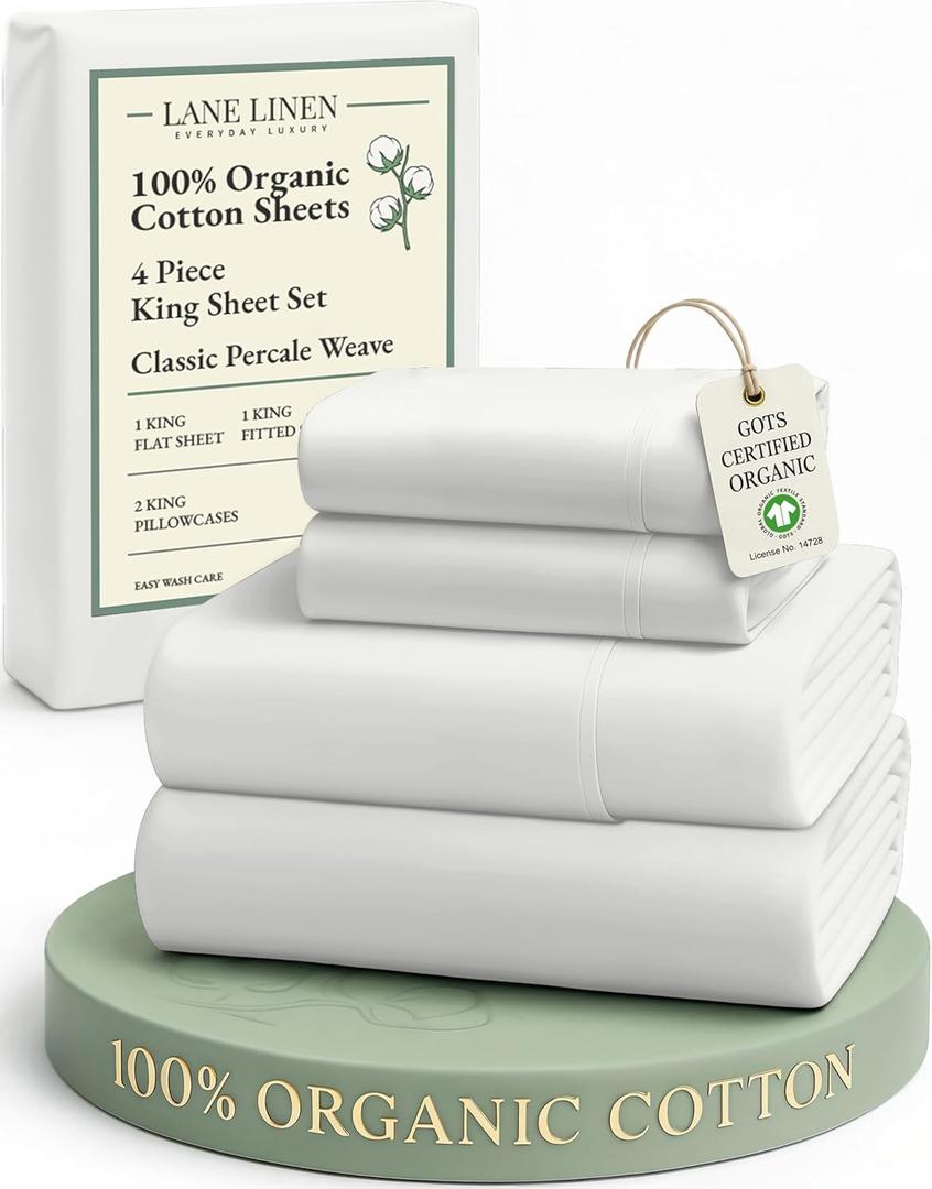 LANE LINEN 100% Organic Cotton King Bed Set, 4-Piece Cotton Bed Sheets, Crisp Percale Weave, Ultra Soft Bedding Sets & Collections, 15" King Size Sheets Deep Pocket Set - Glacier Grey