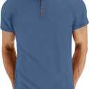 XUZHU Men's Summer Polo Shirts Short Sleeve Cotton Casual Henley T-Shirts Button Raglan Sleeve Tees (Blue, XL)