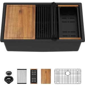 30 Black Undermount Granite Composite Kitchen Sink with Luxury Accessories, 30"x19"x10"
