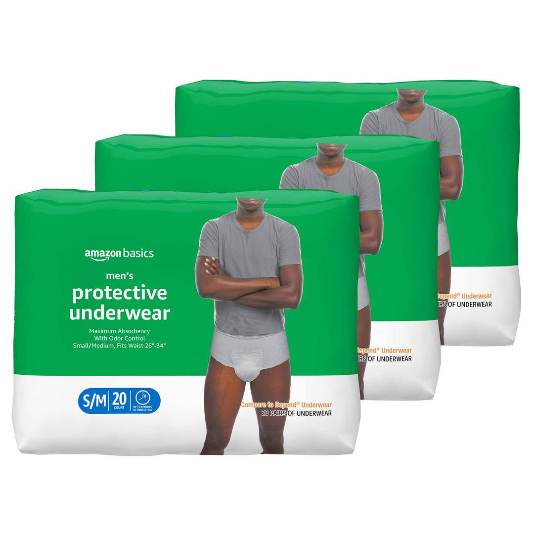Basics Incontinence Underwear for Men, Maximum Absorbency, Small/Medium, 60 Count (3 Packs of 20)