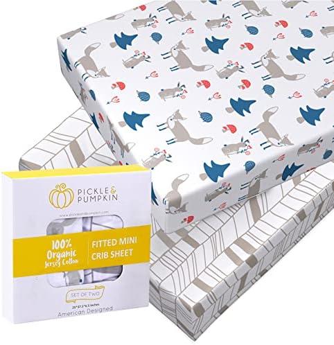 Mini Crib Sheet with Fox & Chevron Pattern - 100% Organic Cotton Pack n Play Fitted Sheet - Premium Pack n Play Sheets - Compatible as Graco Pack n Play Sheet & Mini Crib Sheets - Pickle & Pumpkin