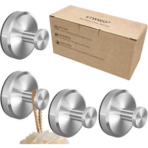 STWWO Suction Cup Hooks for Shower, Bathroom, Hanging Towels, Loofah, Robe, Mounting on Shower Glass Doors, Tile, Mirrors, Brushed Nickel, Rubber Suction Cup, 4-Pack