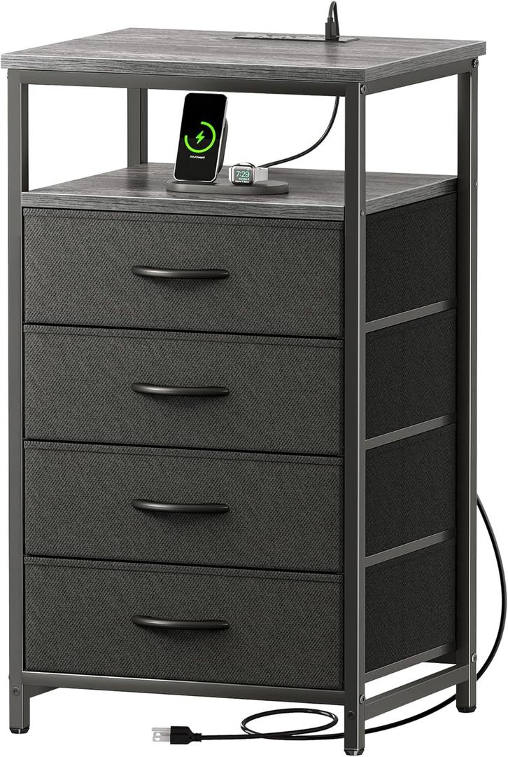 Huuger Night Stand with Charging Station, 4 Drawer Dresser for Bedroom, Bedside Table, 33.9 Inch Tall Nightstand with Open Shelf, End Table, for Closet, Entryway, Bedroooom, Gray