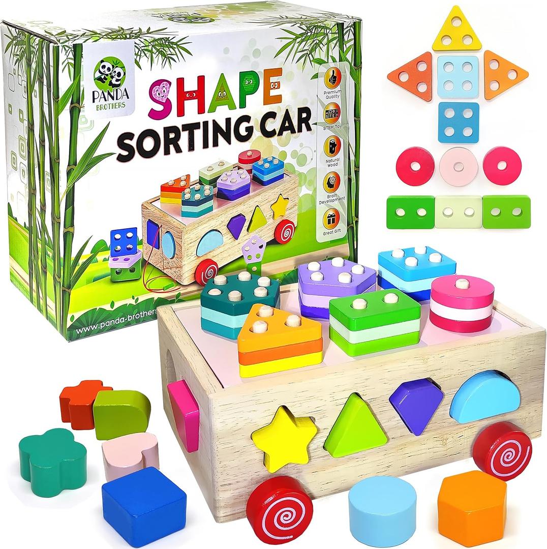 Montessori Wooden Shape Sorter Toy - Shape Stacking Blocks for Toddlers 1-3, Sensory Toys with 6 Pieces