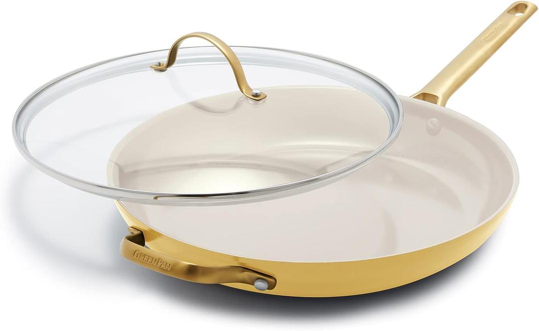 GreenPan Hard Anodized Healthy Ceramic Nonstick 12" Frying Pan Skillet with Helper Handle and Lid, Gold Handle, PFAS-Free, Dishwasher Safe, Oven Safe, Sunrise Yellow