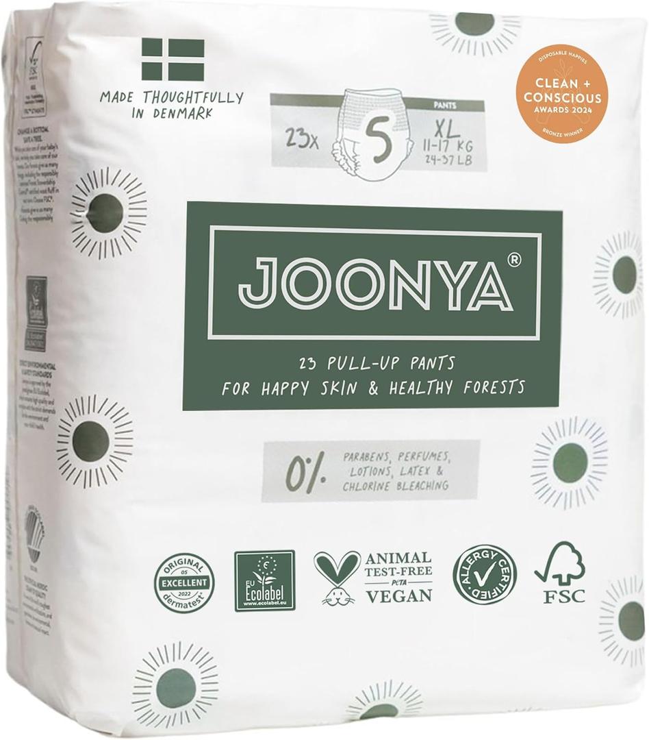 Joonya Pull-Up Pants Baby Diapers, Size 5 XL (24-37 lb) - 1 Bag of 23 - Non Toxic, Eco-Friendly, High Absorbency, Overnight Use, Ultra Slim & Soft - Made in Denmark
