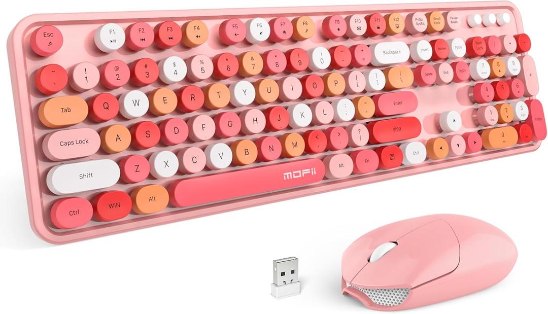 MOFii Wireless Keyboard and Mouse Combo, Retro Typewriter Keyboard with Multi-Media Function Keys and Number Pad Compared for PC Computer Windows (Pink Colorful)
