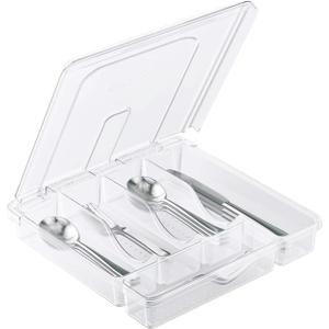 Silverware Organizer with Lid, Covered Utensil Tray for Kitchen Drawer and Countertop, Plastic Cutlery and Flatware Storage Box for Spoons Forks Knives Holder Case, BPA Free Flatware (transparent)