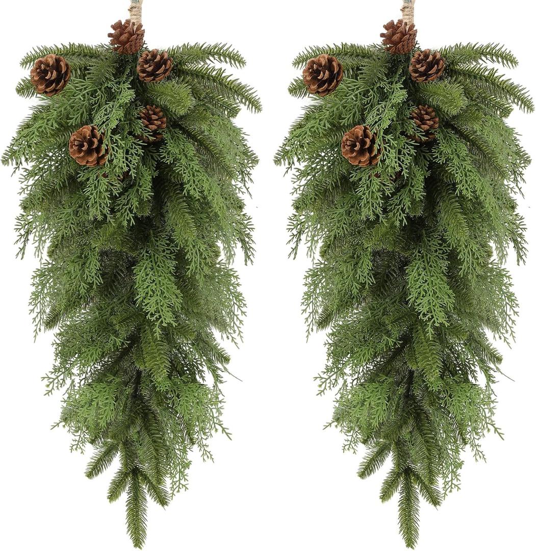 Yunlly 2 Pcs Artificial Christmas Teardrop Swag 26" Artificial Pine Needle Branches Christmas Greenery Teardrop Wreath Faux Winter Wreath with Conifer Cones for Xmas Door Mantle Decor (Pine Branches)