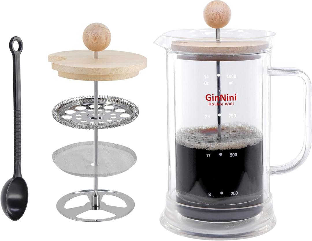 34oz Cold Brew Coffee Maker & Iced Tea Maker, No Plastic Double Wall Glass French Press with Heat-Resistant Borosilicate Carafe, SUS304 Filter & Bamboo Lid, Gift for Mom
