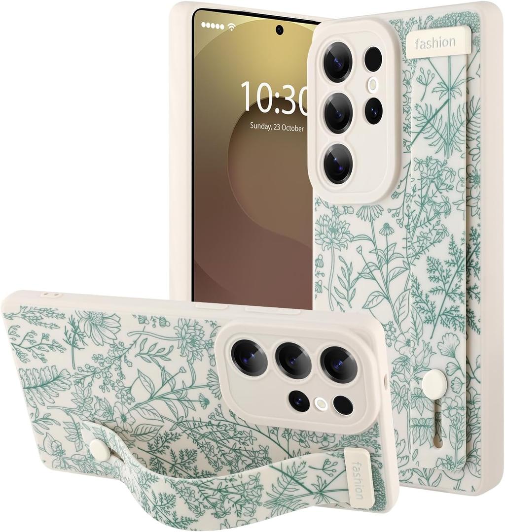 OOK Compatible with Samsung Galaxy S25 Ultra Silicone Phone Case with Strap, Cute Floral Flower Pattern for Women Girls, Adjustable Finger Strap Kickstand Slim Protective Cover, White Sage Flower