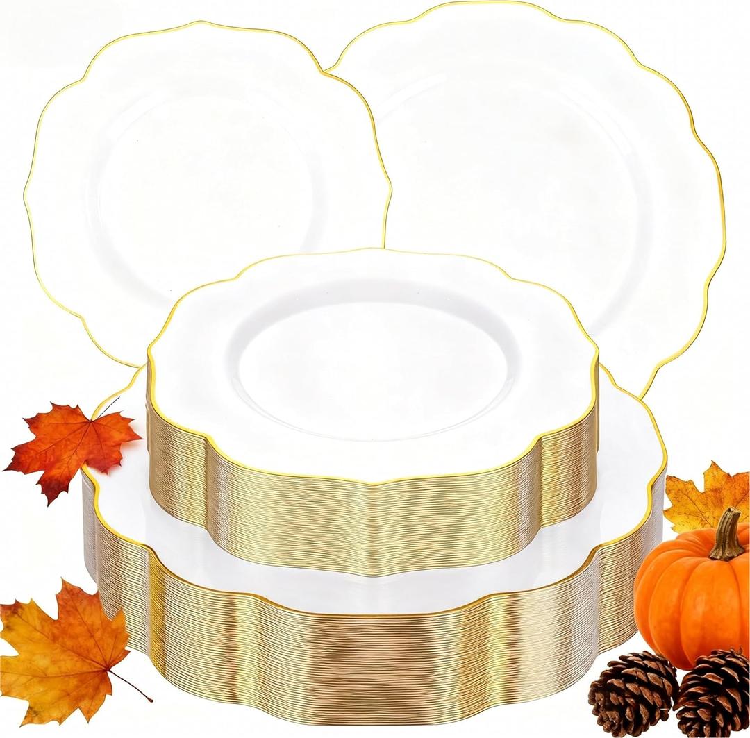 bUCLA 60PCS Gold Plastic Plates - Premium Hard White with Gold Rim Disposable Include 30 Each (10.25inch Dinner & 7.5inch Dessert) Plates, Ideal for Wedding & Thanksgiving