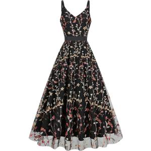 Long Floral Embroidery Dress for Women Flower Embroidered Maxi Dress Spaghetti Straps Formal Evening Party Tulle Prom Dress (Medium, Black)
