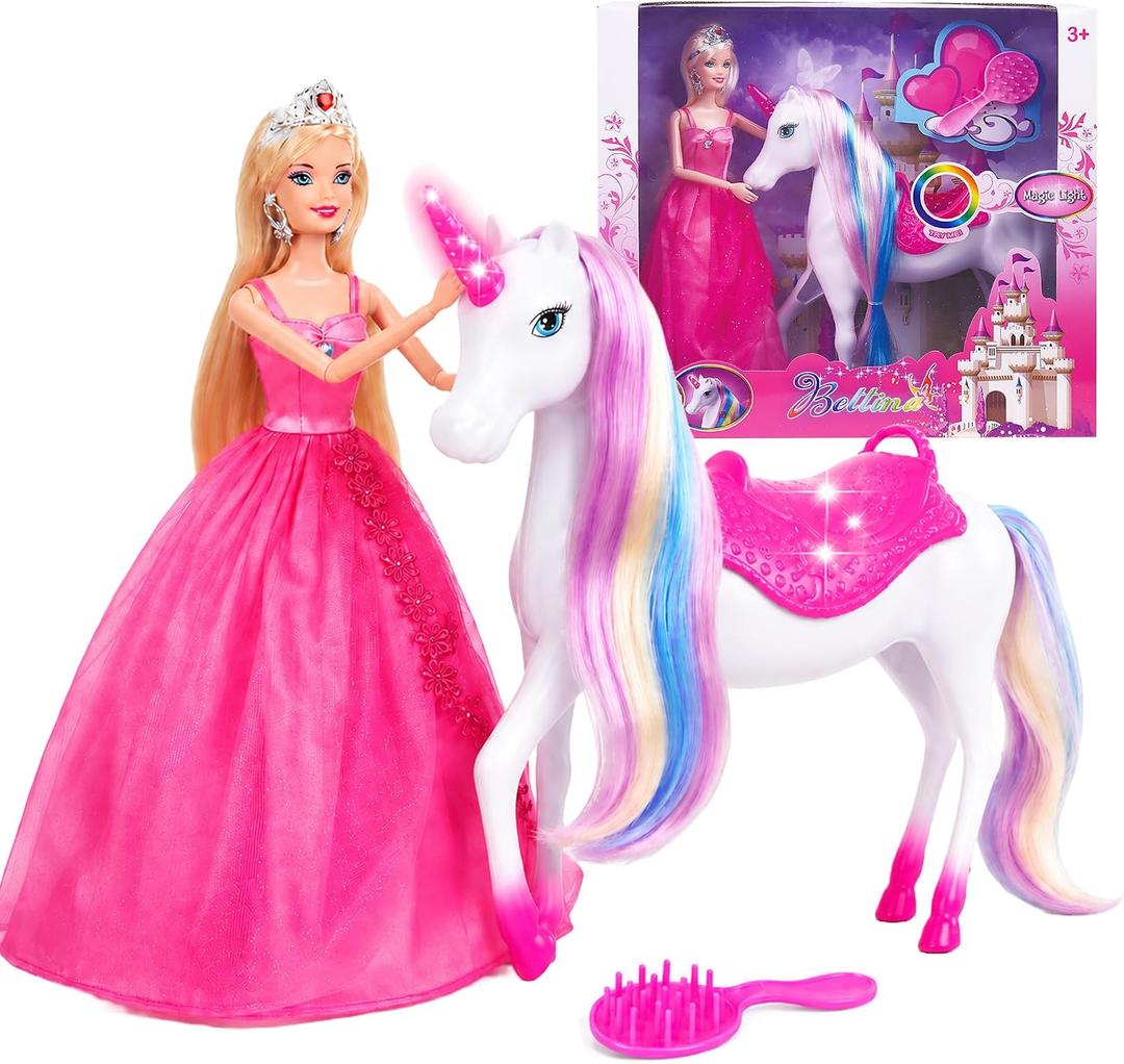 BETTINA Unicorn and Princess Doll, Magical Light Unicorn Toys, Princess Toys for Girls 3+, Unicorn Gifts for Christmas Birthday for Kids Girls Aged 3 4 5 6 7 8