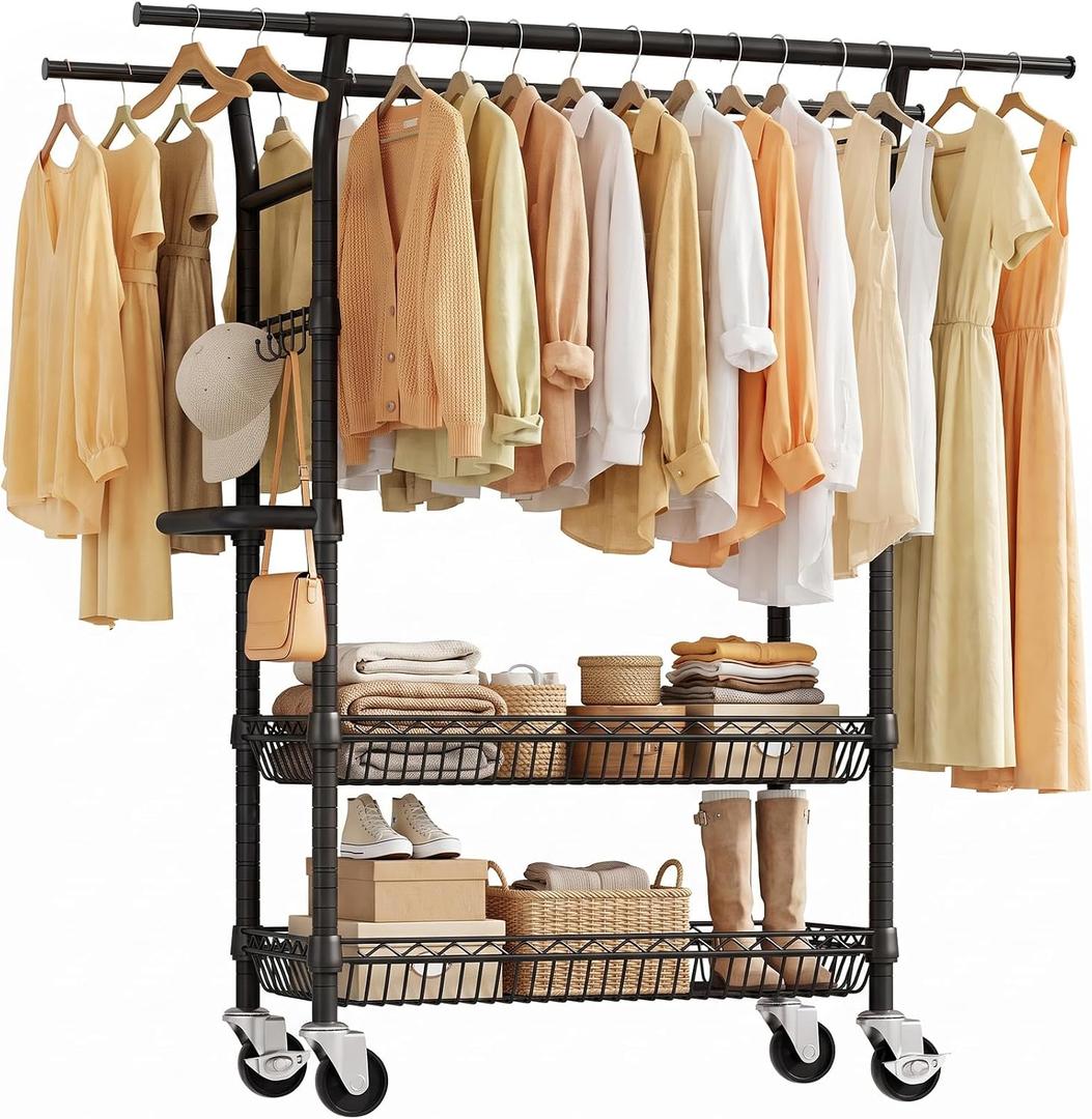 SOLEDI Heavy Duty Double Rod Clothes Rack, 1000 LBS Black, Shelves & Wheels Extendable, Height Adjustable, Lockable Wheels, Hooks, Tool-Free, Garment Rack Bedroom Closet Laundry, All-Steel Construction, 
17.7"D x 57"W x 71.6"H