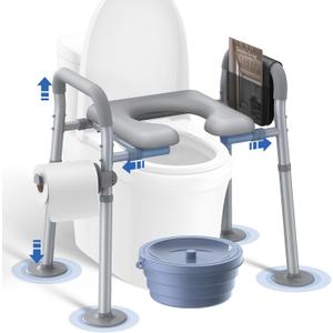 Raised Toilet Seat with Handles Open-Front Design, Adjustable Height & Width 440lbs Toilet Seat Riser for Seniors, Elevated Toilet Seat for Elderly Handicap Surgery Pregnant, Toilet Bath Bed (Silver Gray)