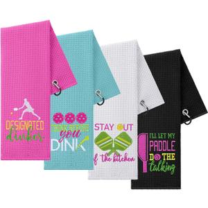 Hosuly 4 Pieces Funny Dinkball Towels 16" x 24" Microfiber Fabric Waffle Pattern Athletic Towels with Carabiner Clip Embroidered for Dinkball Lovers Men Women(Women,Elegant) (Woman)