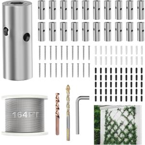 Wire Trellis for Climbing Plants Outdoor, 20 Set Wall Trellis Kit with 1/8" x 164ft Stainless Steel Cable, T316 Cylindrical Espalier System Cable Trellis Kit for Green Wall Fence DIY Projects