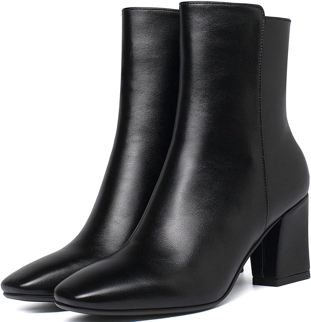 Caradise Womens High Chunky Heeled Boots Zip Up Square Toe Ankle Booties (6, Black)