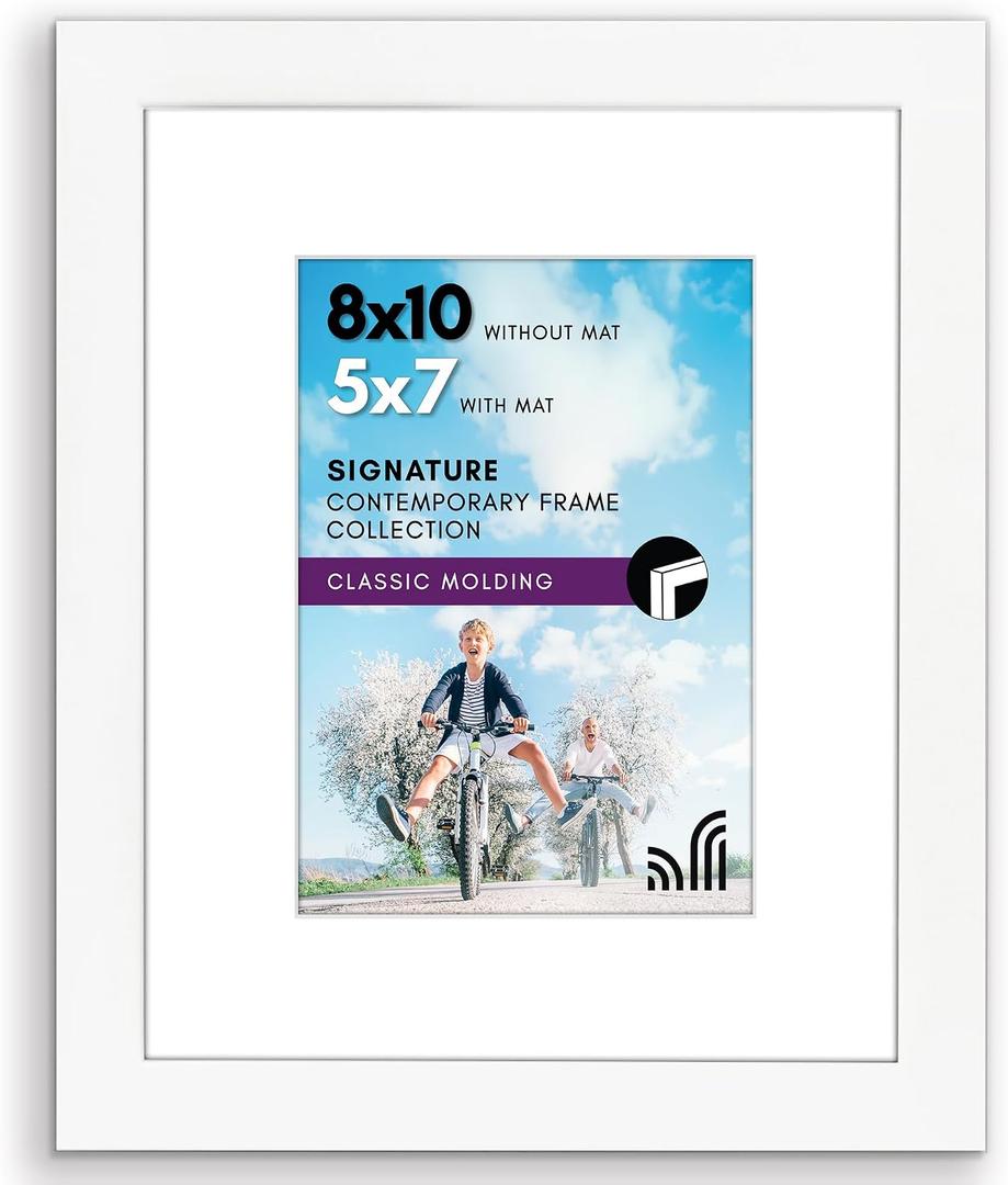 Americanflat 8x10 Picture Frame with Shatter-Resistant Glass - Use as 5x7 Frame with Mat or Display 8x10 Photo Without Mat - Signature Collection - Picture Frames for Tabletop and Wall Display - White