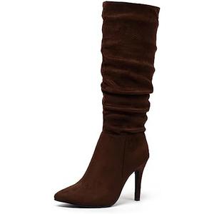 katliu Women Suede Knee High Boots Pointed Toe Stiletto Boot Slouchy Zipper High Heel Boots