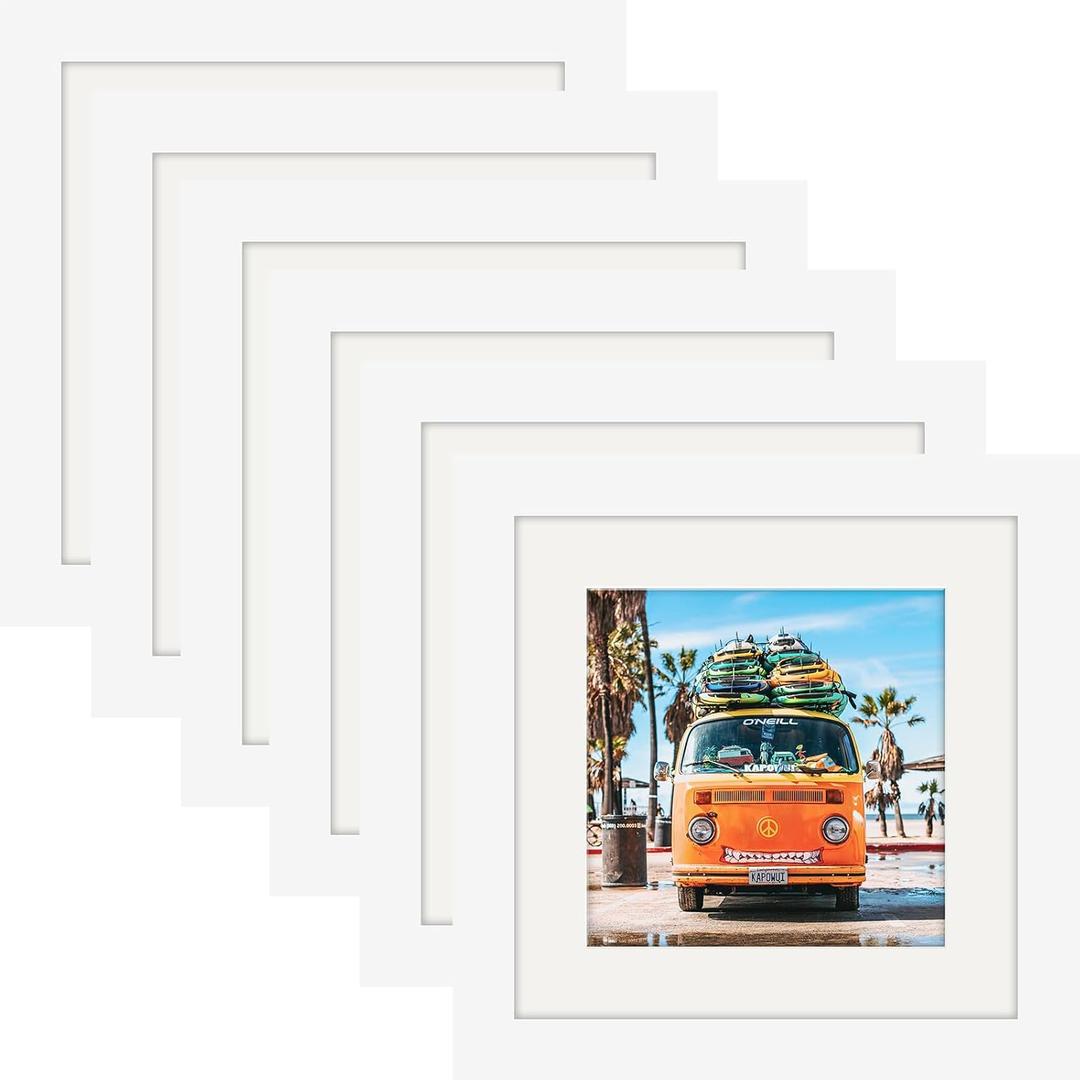 6x6 White Picture Frames Square Classic Natural Wood 6 Pack for Wall Mounting and Tabletop Display