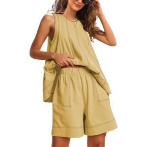 Gozoloma Womens 2 Piece Outfits Sleeveless Matching Sets A Line Tank Tops Contrast Stitching High Waist Shorts with Pockets (L)