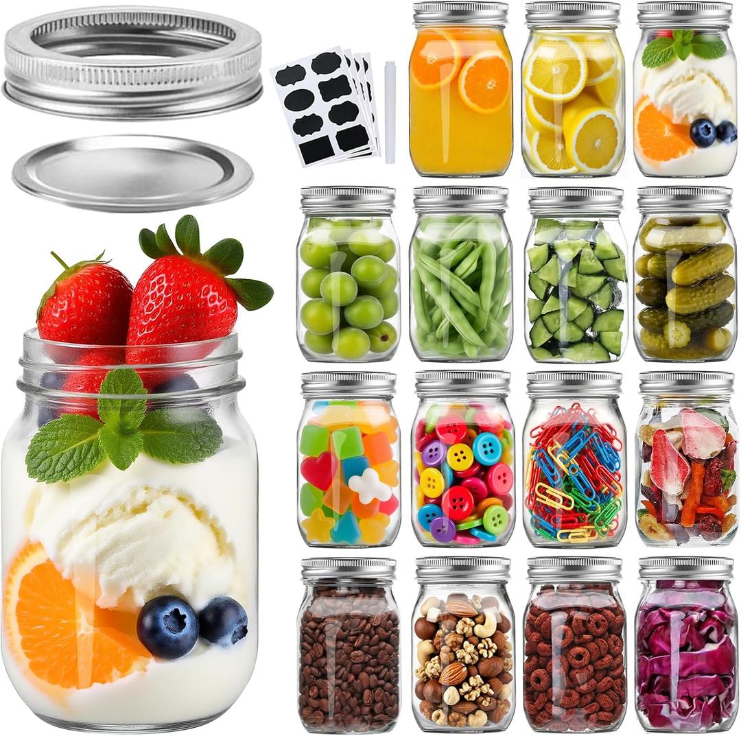 16pack 16oz Mason Jars with Airtight Lids and Bands, Regular Mouth Pint Canning Jars, Clear Glass Jars Ideal for Canning, Pickling, Meal Prep, Jam, Honey, Shower/Wedding Favors, Labels & Pen Included
