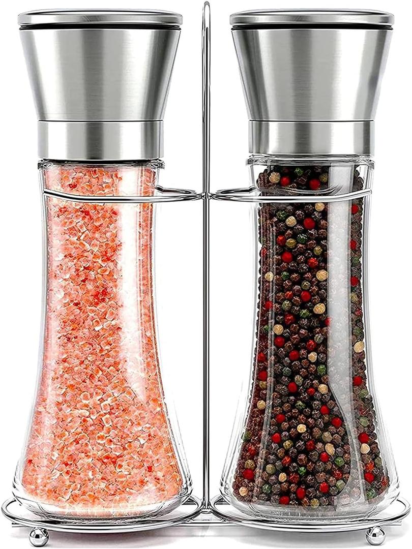 Willow & Everett Salt & Pepper Grinder Set with Stand - Stainless Steel Manual Mills & Holder with Adjustable Coarseness, Refillable Design for Peppercorns & Rock Salt Sold Separately (2 Count (Pack of 1)